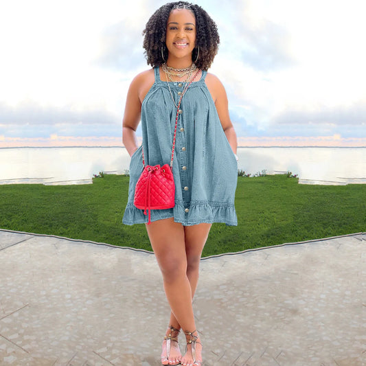 Elegant Women Denim Spaghetti Strap Dress
