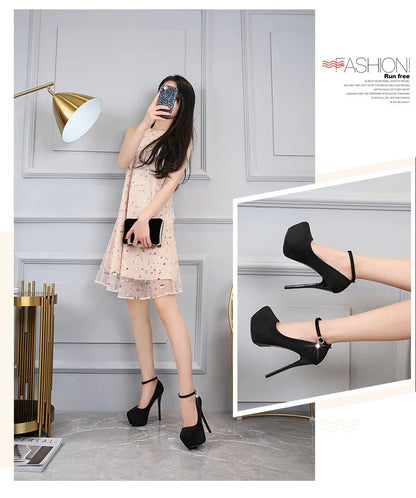 Women's One-button Round Toe High Heels Women's Stiletto High Waterproof Platform Suede Single Shoes
