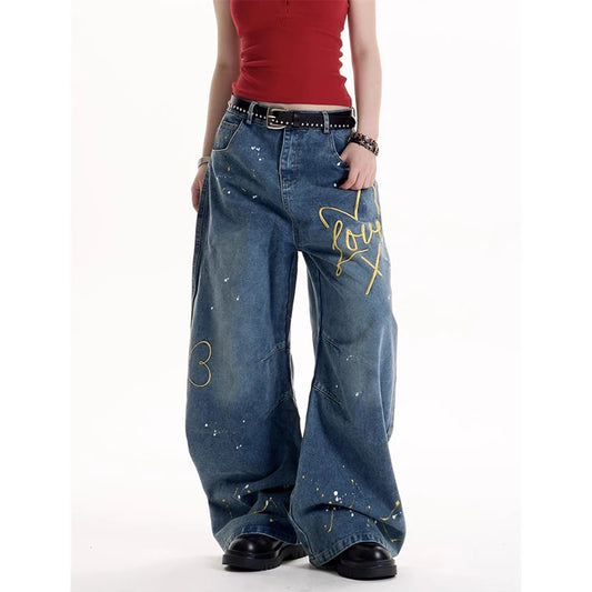 ZHIZOU Women Blue Baggy Y2k Jeans Harajuku Vintage Denim Trousers Japanese 2000s Style Oversize Jean Long Pants Trashy Clothes