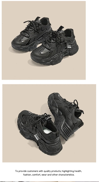Women's Shoes Platform Autumn Leather 2023 New Versatile Black Casual Sneaker Solid Color Lace-up Vulcanize Shoes Tenis Feminino