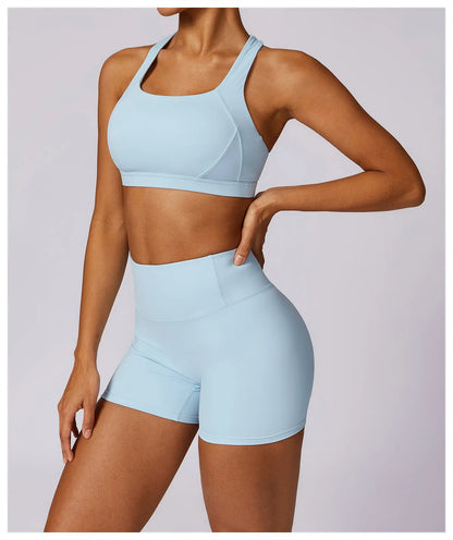Workout Yoga Set for Women Gym Clothes Woman 2 Piece Strappy Sports Bra Butt Lifting Leggings Shorts Fitness Outfits Sportswear