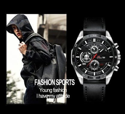 Black Leather Watch Top Brand Motorsport Series 46mm Large Military Style Quartz Movement Decorative Calendar Watch reloj hombre