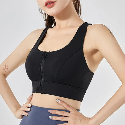 Women's High Impact Front Zipper Sports Bra Shockproof Quick Dry Yoga Top Running Vest Fitness Adjust Gym Underwear