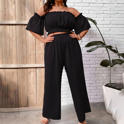Women’s 2 Piece Black Outfits Sexy Ladies Plus Size Off Shoulder Short Sleeve Crop Tops with Pants Plus Size Sets Streetwear