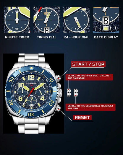 BANGWEI 2025 Luxury Watches Men Fashion Sports Quartz Wristwatches 30M Waterproof Luminous Chronograph Mens Watch Reloj Hombre