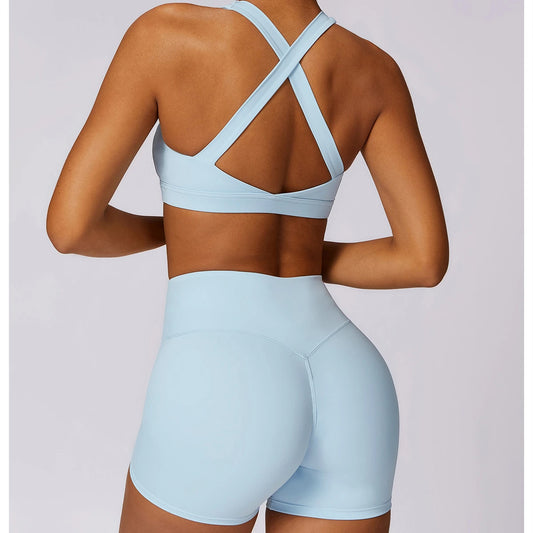 Workout Yoga Set for Women Gym Clothes Woman 2 Piece Strappy Sports Bra Butt Lifting Leggings Shorts Fitness Outfits Sportswear