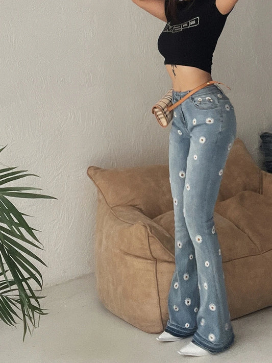 Women's Denim Bell Bottoms High Waist Tight Elastic Long Legs Daisy Embroidered Printed Spicy Girl Slim Straight Jeans UDUE
