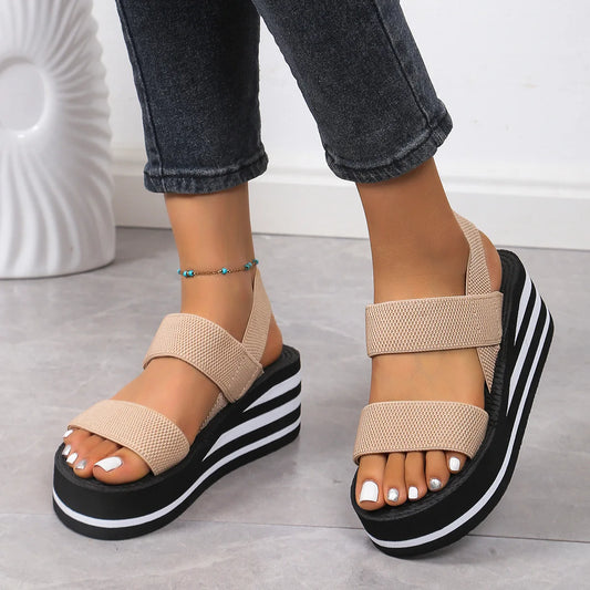 Women's Leisure Wedge Sandals Open Toe Thick Soled Platform Summer Casual Shoes Back Strap Light Weight Ladies Slingback Sandals