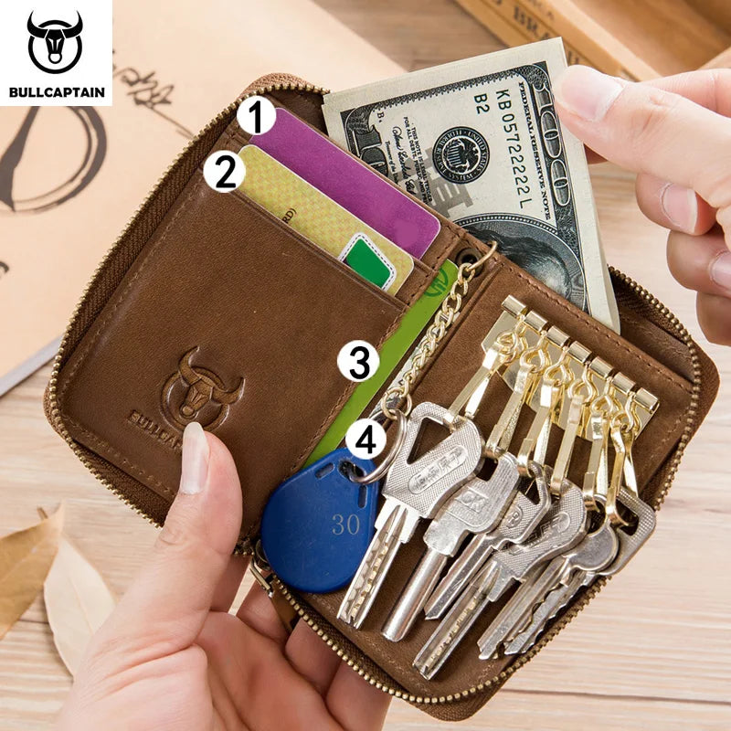 BULLCAPTAIN Genuine Leather Men's Key Card Bag High-quality Multi-function Key Box Car Key Chain Wallet Mini Card Bag Key Clip