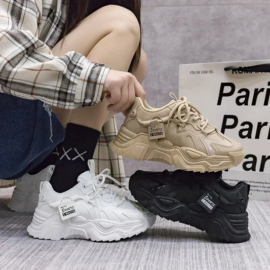 Women's Shoes Platform Autumn Leather 2023 New Versatile Black Casual Sneaker Solid Color Lace-up Vulcanize Shoes Tenis Feminino