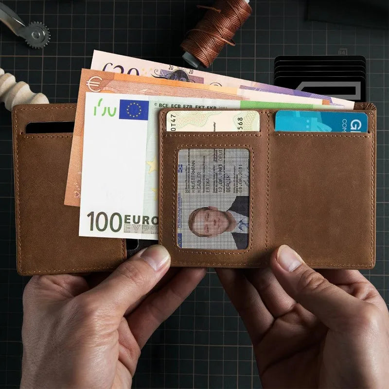 YATBEST Men's RFID Anti-Theft Three Fold Wallet Ultra-Thin with Zipper Coin Pocket Credit Card Clip Brush Anti-Magnetic Card Bag