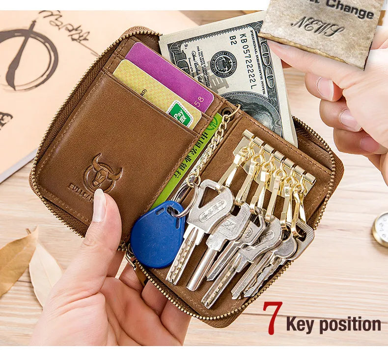 BULLCAPTAIN Genuine Leather Men's Key Card Bag High-quality Multi-function Key Box Car Key Chain Wallet Mini Card Bag Key Clip