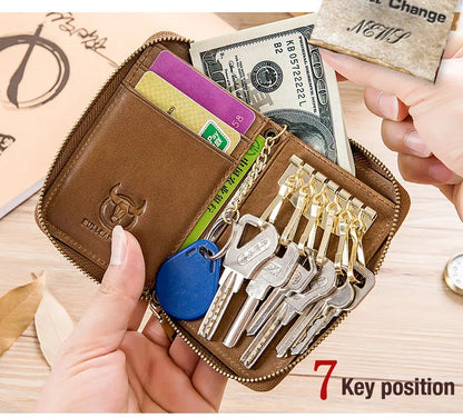 BULLCAPTAIN Genuine Leather Men's Key Card Bag High-quality Multi-function Key Box Car Key Chain Wallet Mini Card Bag Key Clip