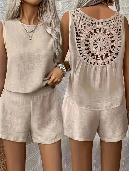Women’s Plus Size Linen Sets Hollow Out Back Round Neck Sleeveless Vest And Shorts 2-Piece Set Summer Female Daily Vacation Sets