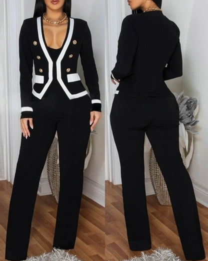 Women's Two Piece Elegant Commuting V-Neck Buttoned Vest Top and Contrast Paneled High Waist Pocket Design Wide Leg Pants Set