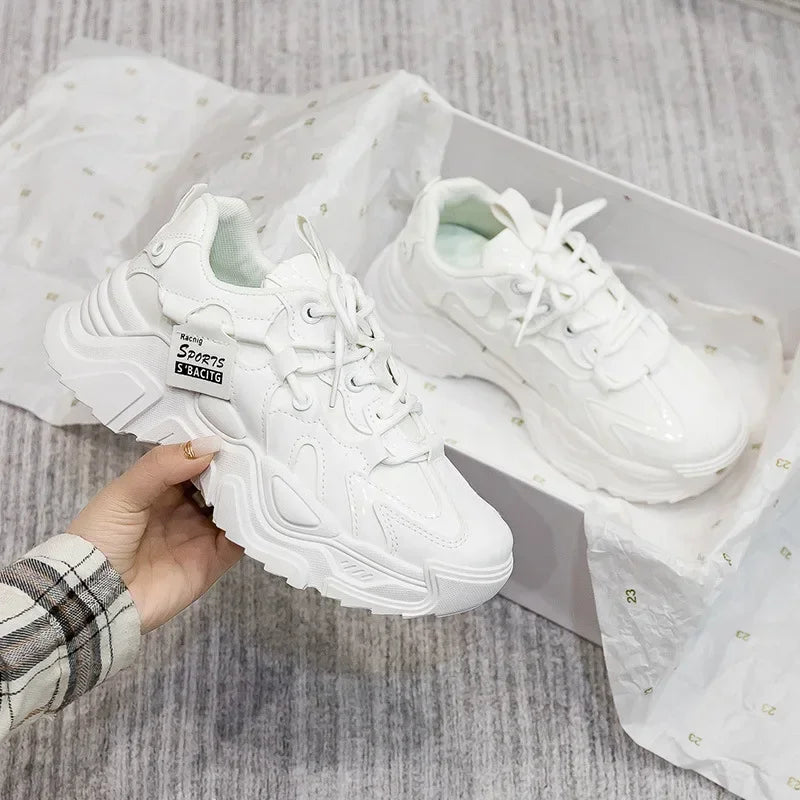 Women's Shoes Platform Autumn Leather 2023 New Versatile Black Casual Sneaker Solid Color Lace-up Vulcanize Shoes Tenis Feminino