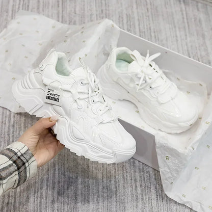 Women's Shoes Platform Autumn Leather 2023 New Versatile Black Casual Sneaker Solid Color Lace-up Vulcanize Shoes Tenis Feminino