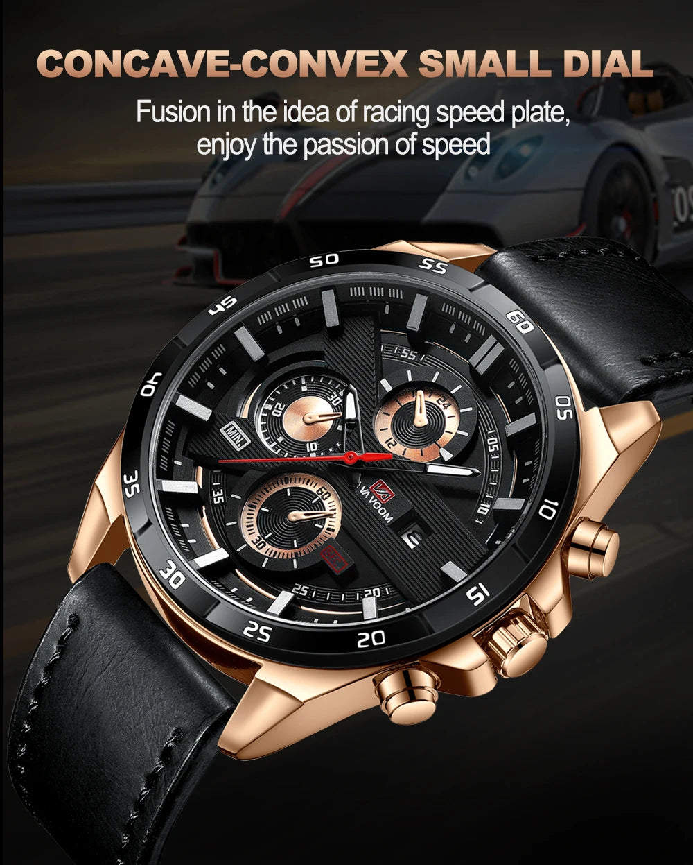 Black Leather Watch Top Brand Motorsport Series 46mm Large Military Style Quartz Movement Decorative Calendar Watch reloj hombre