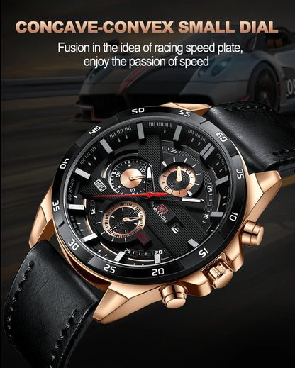 Black Leather Watch Top Brand Motorsport Series 46mm Large Military Style Quartz Movement Decorative Calendar Watch reloj hombre
