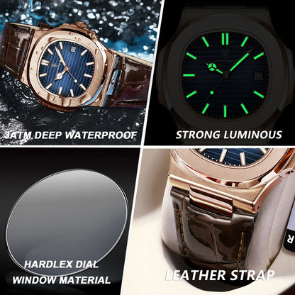 POEDAGAR Top Luxury Square Man Watch Date Waterproof Luminous Quartz Men Watches High Quality Fashion Sports Leather Men's Watch