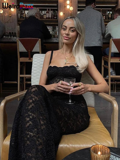Lace See Through Black Women Maxi Dress