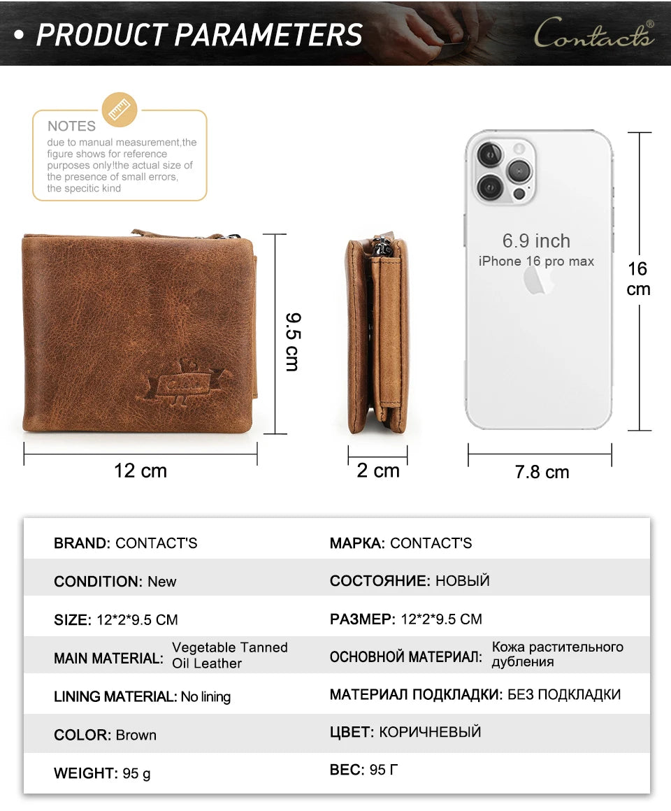 CONTACT'S Genuine Crazy Horse Leather Men Wallets Vintage Trifold Wallet Zip Coin Pocket Purse Cowhide Leather Wallet For Mens
