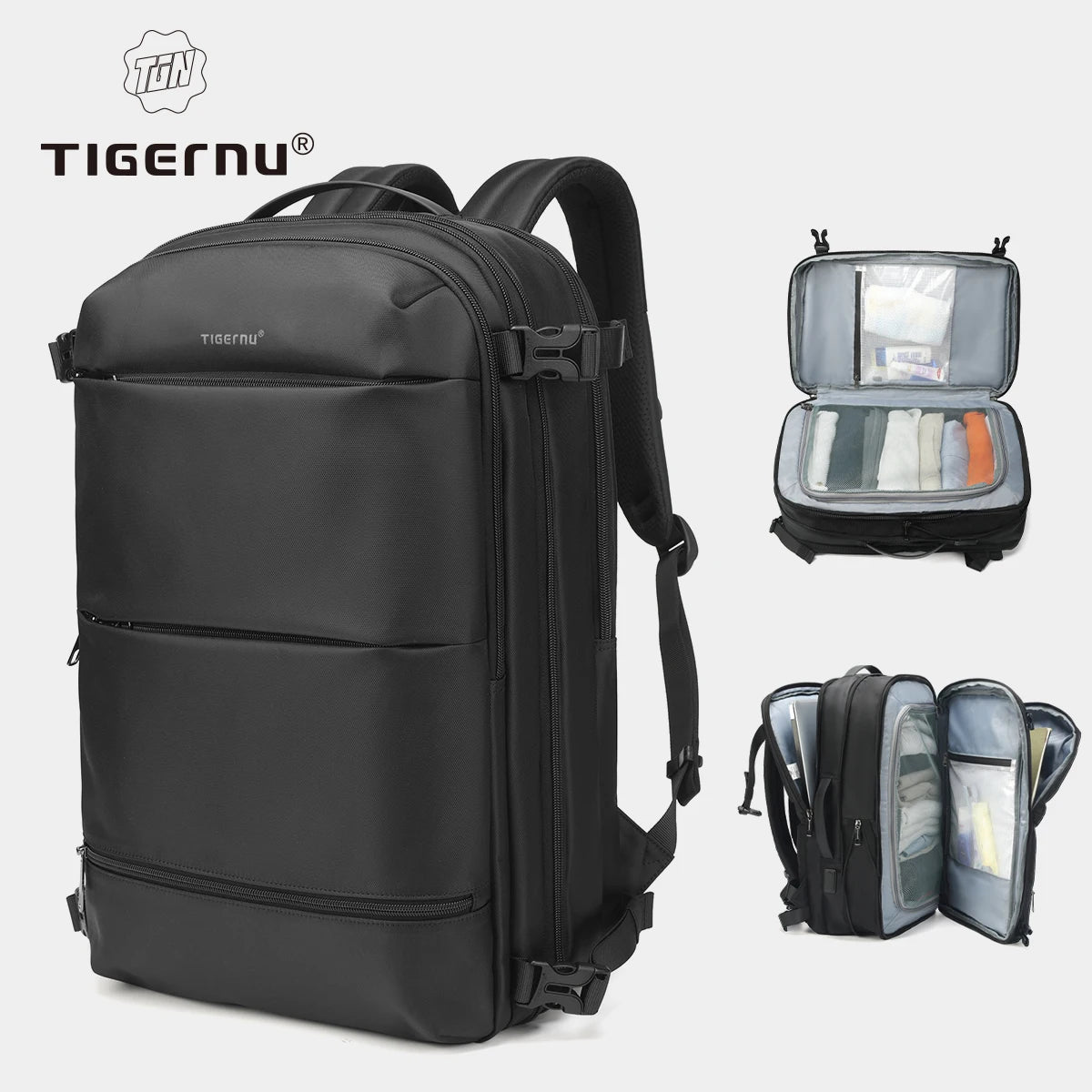 Tigernu Vacuum Compression Backpacks Men Travel Backpack Expandable USB Bag Large Capacity 17 Laptop Bags For Schoo Cabin Bags