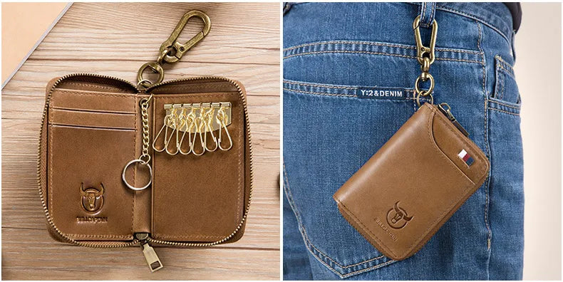 BULLCAPTAIN Genuine Leather Men's Key Card Bag High-quality Multi-function Key Box Car Key Chain Wallet Mini Card Bag Key Clip