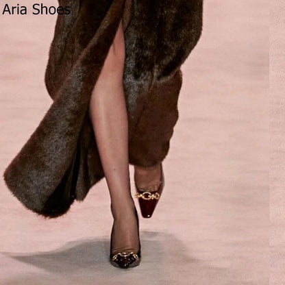 2025 New Summer Black High Heels Women's French Design Elegant 10Cm Stiletto Pumps Slip On Leather Pointed Toe Metal Buckle Shoe