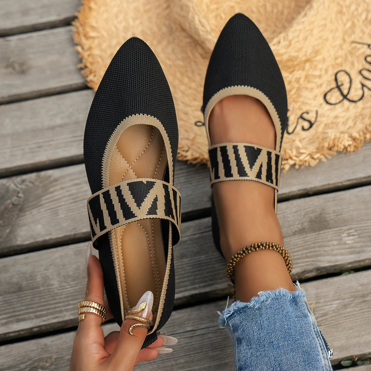 Knitted Color-block Women's Flat Shoes Dressy Ballet Flats Casual striped straps  Pointed Toe Loafers Female