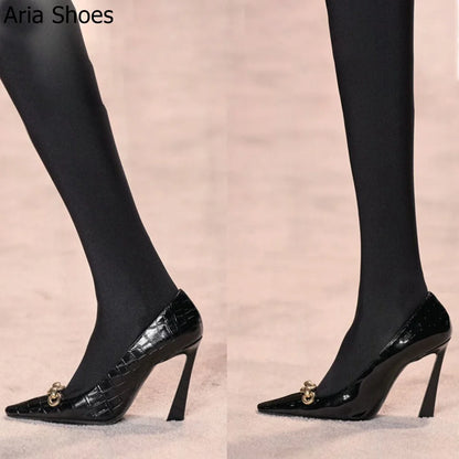 2025 New Summer Black High Heels Women's French Design Elegant 10Cm Stiletto Pumps Slip On Leather Pointed Toe Metal Buckle Shoe