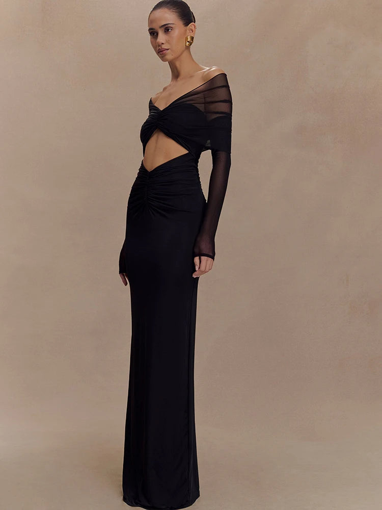 JULISSA MO Sexy Off Shoulder Hollow Out Women Maxi Dress Yellow Long Sleeve Ruched Dress Summer Slim Elegant Party Evening Dress