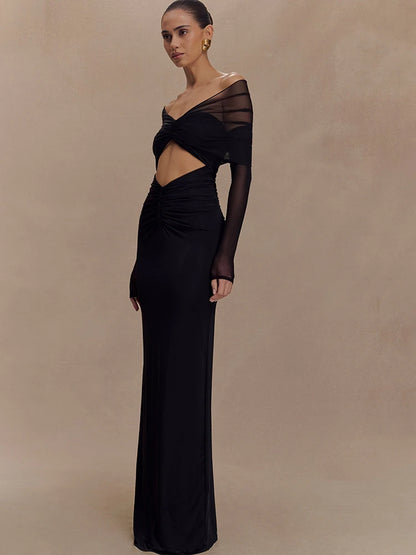 JULISSA MO Sexy Off Shoulder Hollow Out Women Maxi Dress Yellow Long Sleeve Ruched Dress Summer Slim Elegant Party Evening Dress