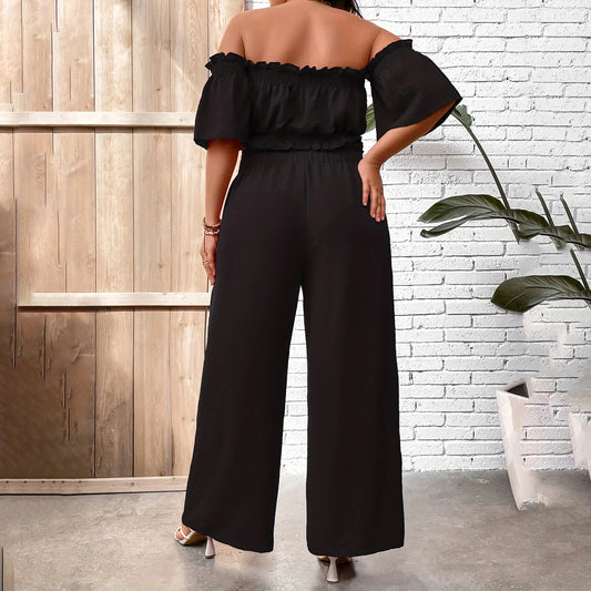 Women’s 2 Piece Black Outfits Sexy Ladies Plus Size Off Shoulder Short Sleeve Crop Tops with Pants Plus Size Sets Streetwear