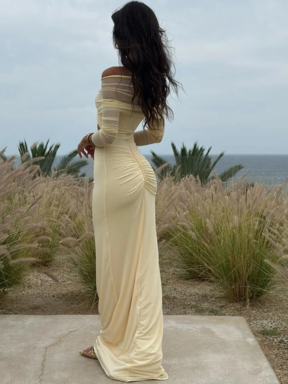 JULISSA MO Sexy Off Shoulder Hollow Out Women Maxi Dress Yellow Long Sleeve Ruched Dress Summer Slim Elegant Party Evening Dress