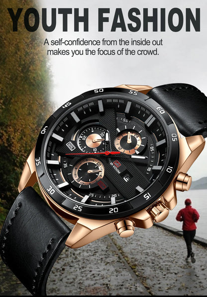 Black Leather Watch Top Brand Motorsport Series 46mm Large Military Style Quartz Movement Decorative Calendar Watch reloj hombre