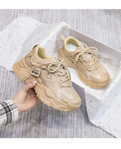 Women's Shoes Platform Autumn Leather 2023 New Versatile Black Casual Sneaker Solid Color Lace-up Vulcanize Shoes Tenis Feminino