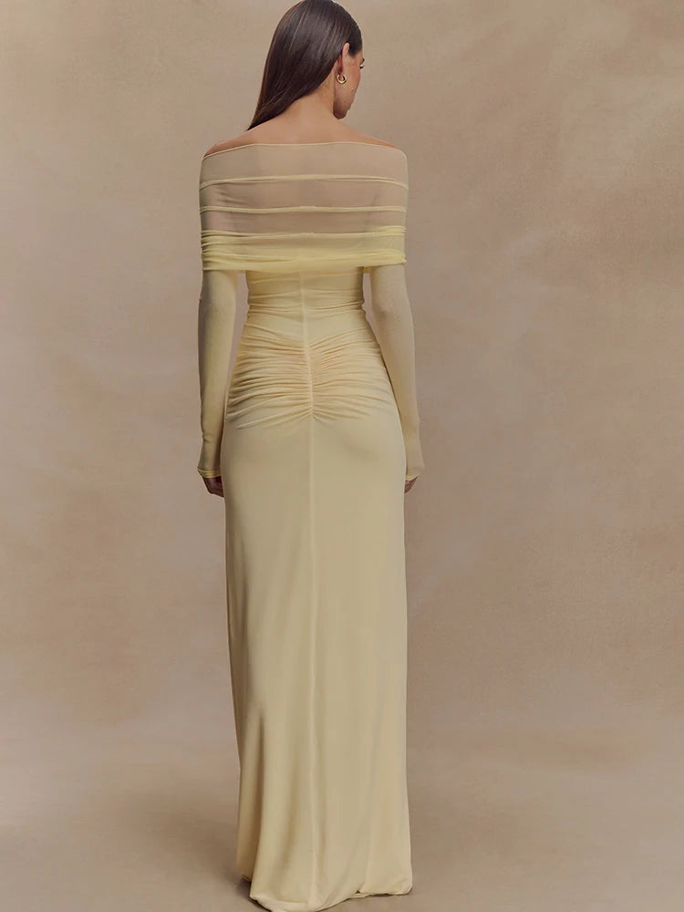 JULISSA MO Sexy Off Shoulder Hollow Out Women Maxi Dress Yellow Long Sleeve Ruched Dress Summer Slim Elegant Party Evening Dress