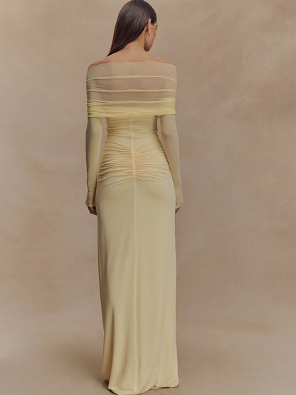 JULISSA MO Sexy Off Shoulder Hollow Out Women Maxi Dress Yellow Long Sleeve Ruched Dress Summer Slim Elegant Party Evening Dress