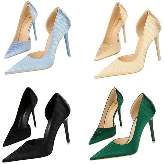 Women 11cm High Heels Retro Green Blue Fashion Catwalk Pumps Lady Silk Satin Heels Stone Pattern Design Shoes Plus Size 34-43