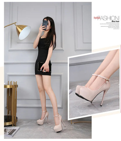 Women's One-button Round Toe High Heels Women's Stiletto High Waterproof Platform Suede Single Shoes