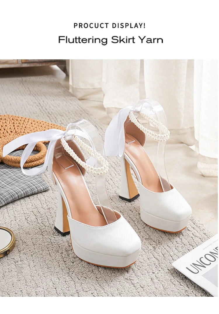 2025 Summer High Heels Womens Sandals Fashion Super High Heels Sandals Bow One Word Buckle Square Head Coarse Heels Ladies Shoes