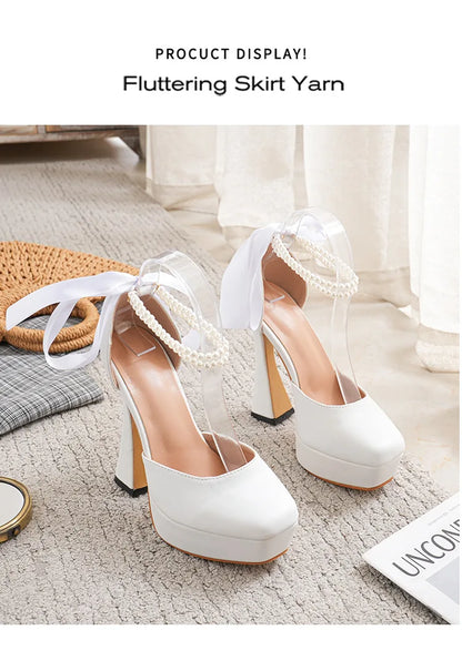 2025 Summer High Heels Womens Sandals Fashion Super High Heels Sandals Bow One Word Buckle Square Head Coarse Heels Ladies Shoes