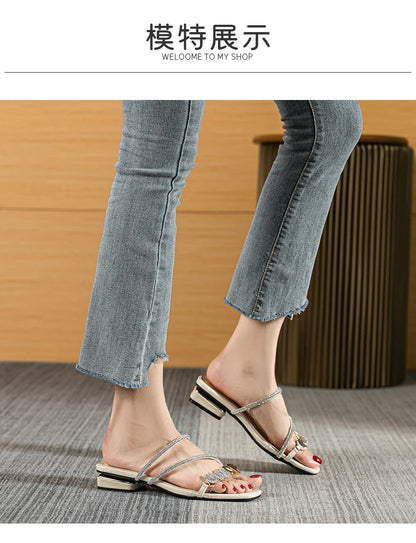 2023 summer new women's slippers outdoor sandals casual flat shoes Stylish metal design Korean style office wear Large size 43
