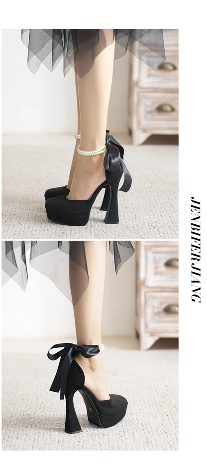 2025 Summer High Heels Womens Sandals Fashion Super High Heels Sandals Bow One Word Buckle Square Head Coarse Heels Ladies Shoes