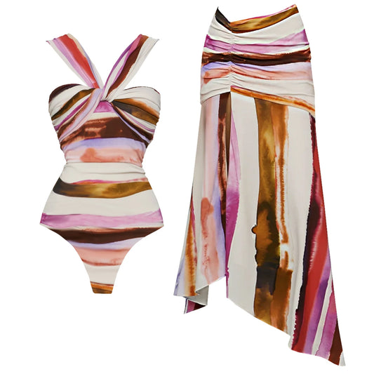 2Pcs Swimsuit with Long Skirt Sexy Women Bikini Beachwear