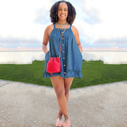 Elegant Women Denim Spaghetti Strap Dress