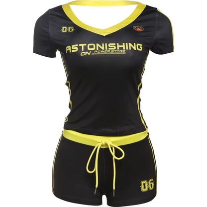 Sisterlinda Casual Summer 2 Piece Set Letter Print Crew Neck Short Sleeve T-shirts+Drawstring Slim Mini Bottoms Female Tracksuit