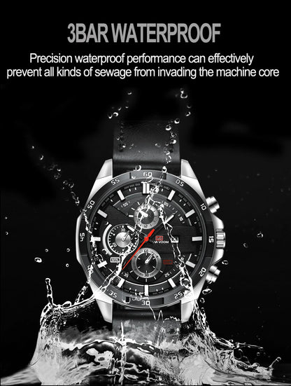 Black Leather Watch Top Brand Motorsport Series 46mm Large Military Style Quartz Movement Decorative Calendar Watch reloj hombre
