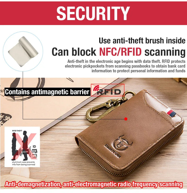 BULLCAPTAIN Genuine Leather Men's Key Card Bag High-quality Multi-function Key Box Car Key Chain Wallet Mini Card Bag Key Clip